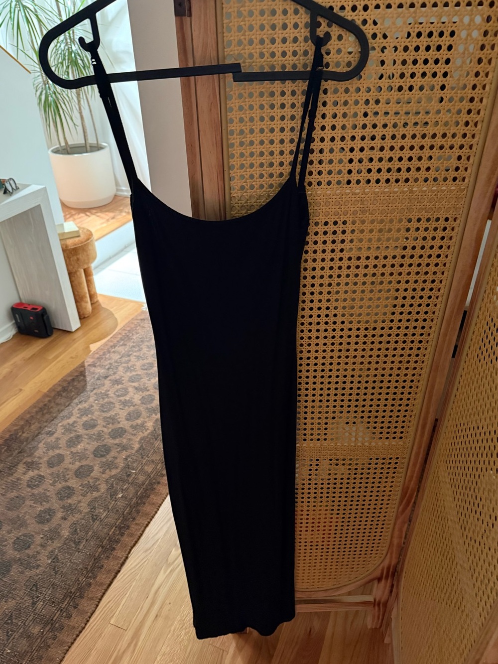 Skims Black Ribbed Black Midi Slip Dress with Low Back & Spaghetti Straps